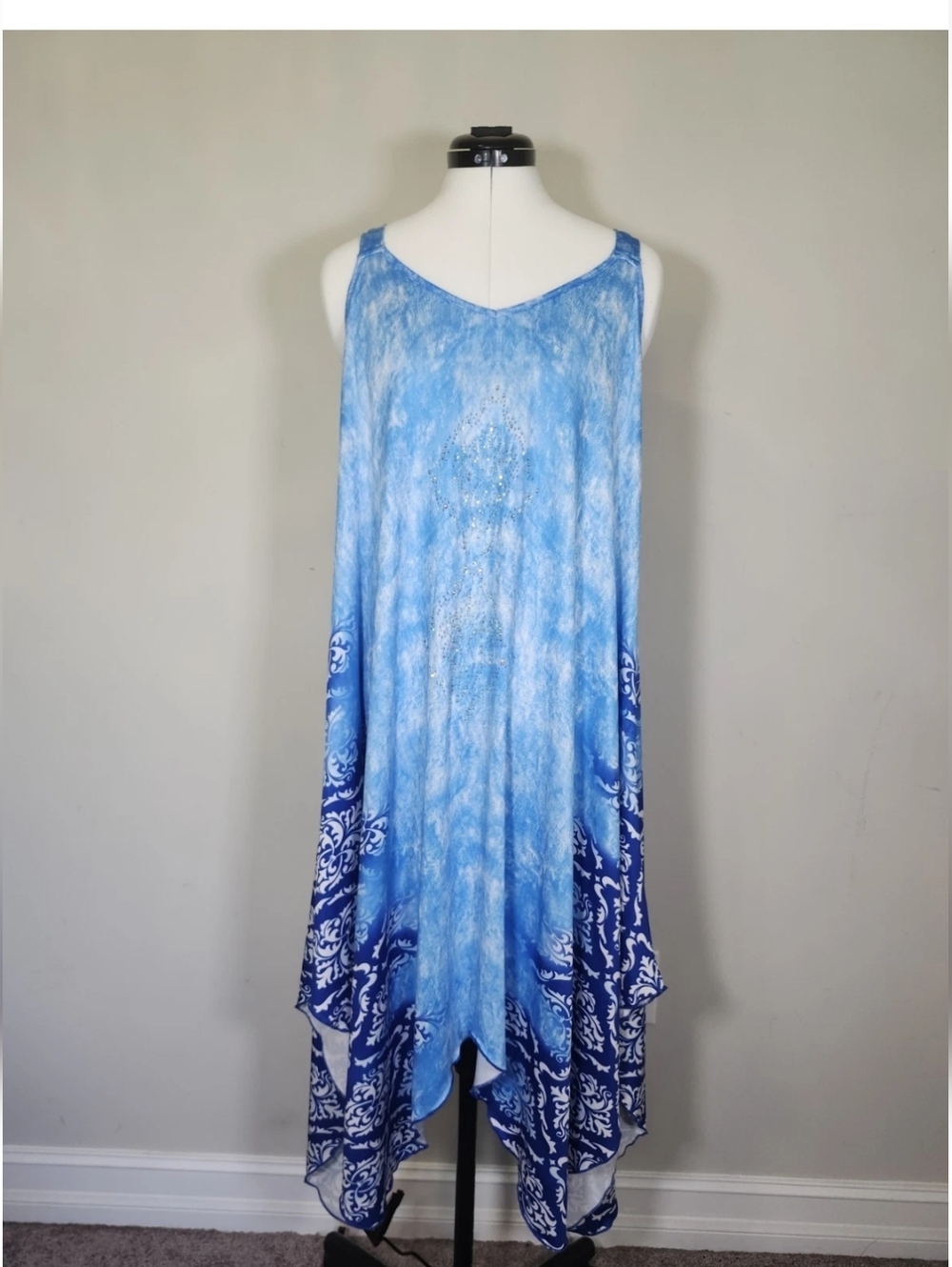 Blue Tie Dye Sequin Sleeveless Summer Resortwear Hankerchief Dress FREE SIZE NEW